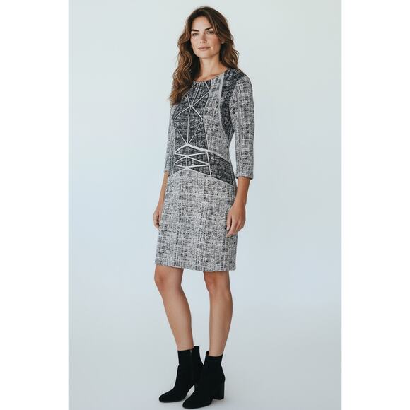 Antonio Melani Black White Textured Sheath Dress Mesh Panels Size 8 - Picture 6 of 16